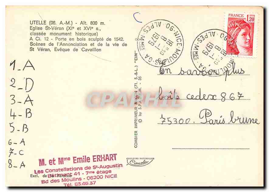 CPM Utelle A M Eglise St Veran classee monument historique  — Rückseite