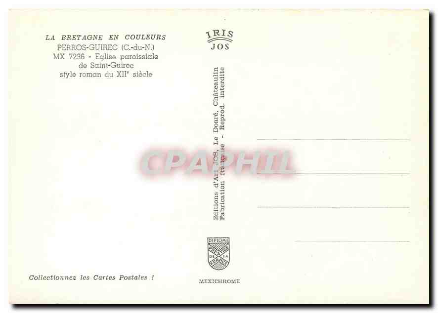 CPM La Bretagne en Couleurs Perros Guirec C du N Eglise paroissiale de Saint Guirec  — Verso
