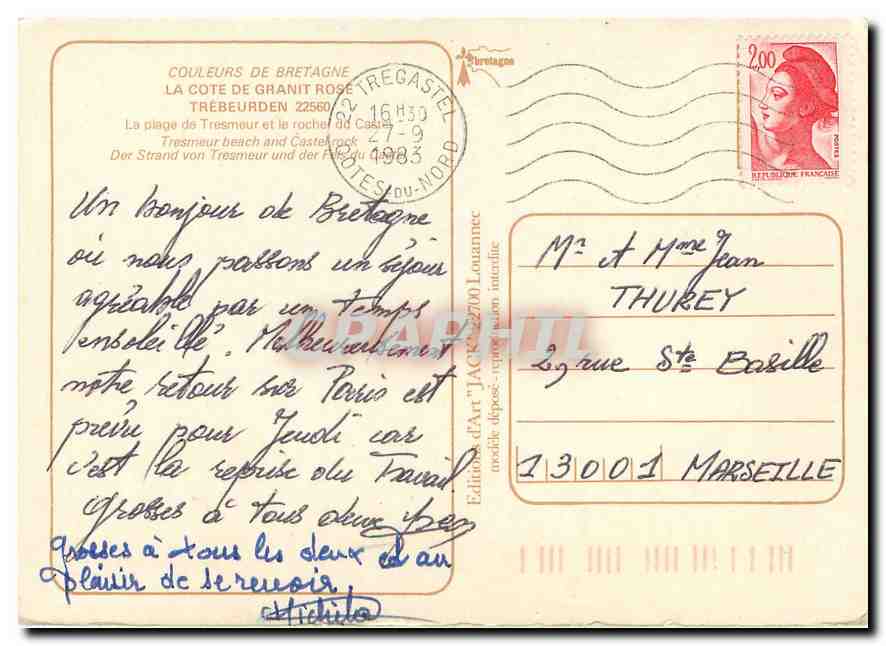 Strand von Tresmeur und Felsen von Castel — Tresmeur — Editions d'Art 'Jack' 27-9-1983 — Rückseite