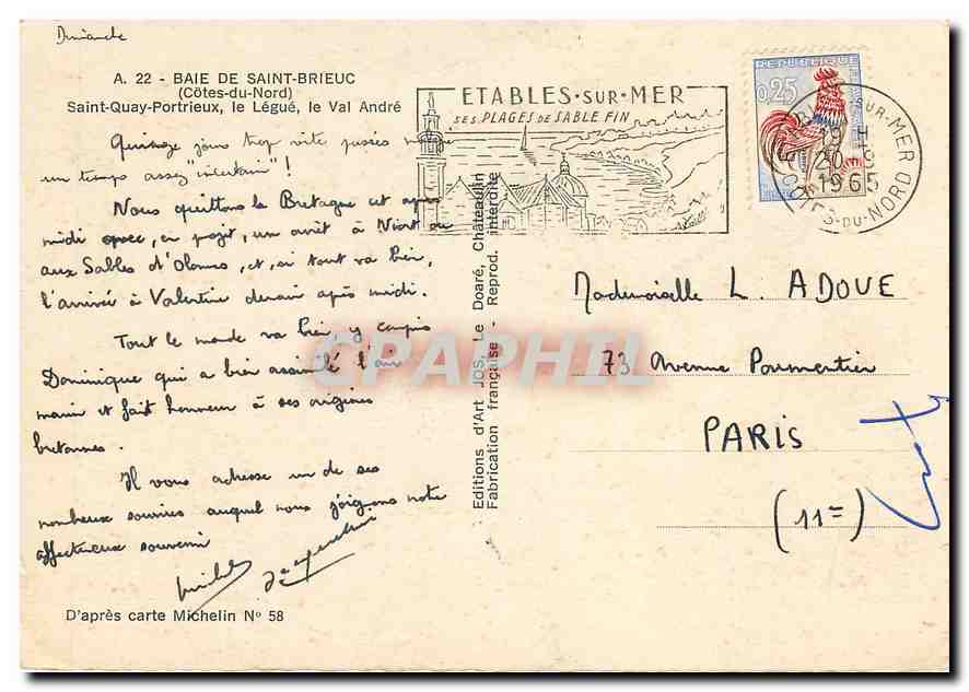 Baie de Saint-Brieuc — Carte postale Michelin N° 58 — Éditions d'Art Jos. Le Dœar — Verso