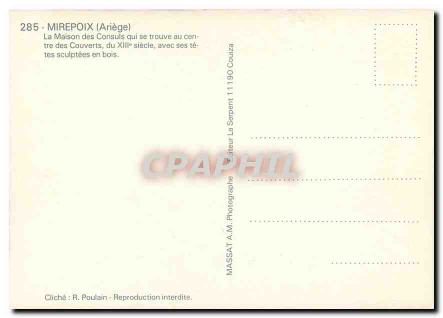 CPM Mirepoix Ariege La Maison des Consuls qui se trouve au centre des Couverts  — Rückseite