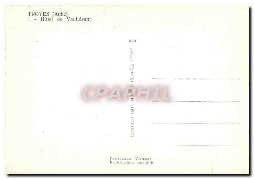 CPM Troyes Aube Hotel de Vauluisant  — Back