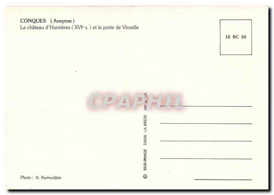 CPM Conques Aveyron Le Chateau d'Humieres et la porte de Vinzelle  — Rückseite