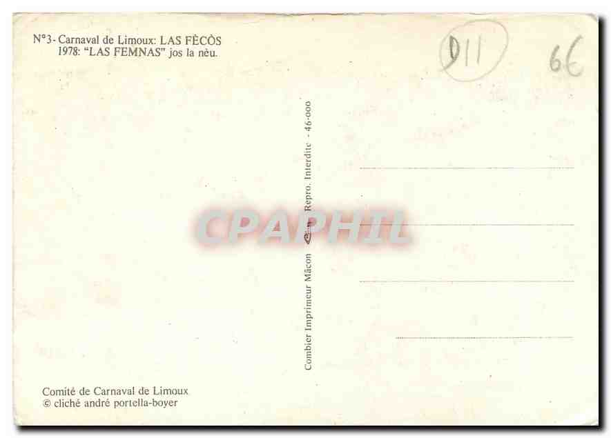 CPM Carnaval de Limoux Las Fecos Las Femnas jos la neu 1978 — Rückseite