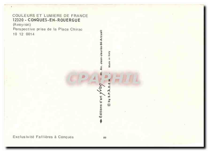 CPM Couleurs et Lumiere de France Conques en Rouergue Aveyron Perspective prise de la Place Chirac  — Rückseite