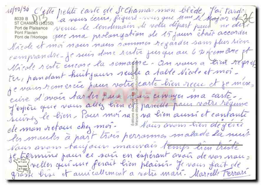 CPM St Chamas Port de Plaisance Pont Flavien Pont de l'Horloge  — Verso
