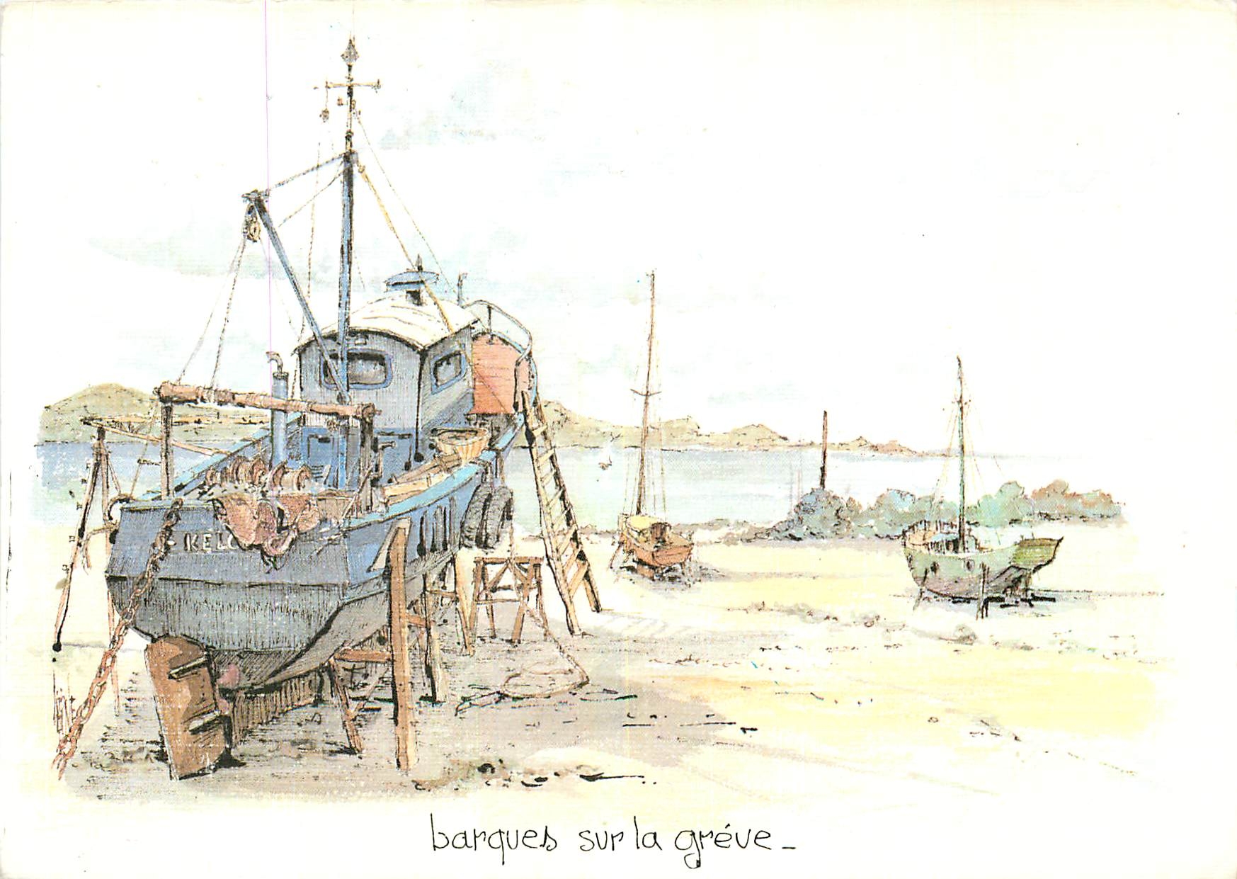 CPM Barques sur la Greve aquarelle originale de Robert Lepine Bateaux