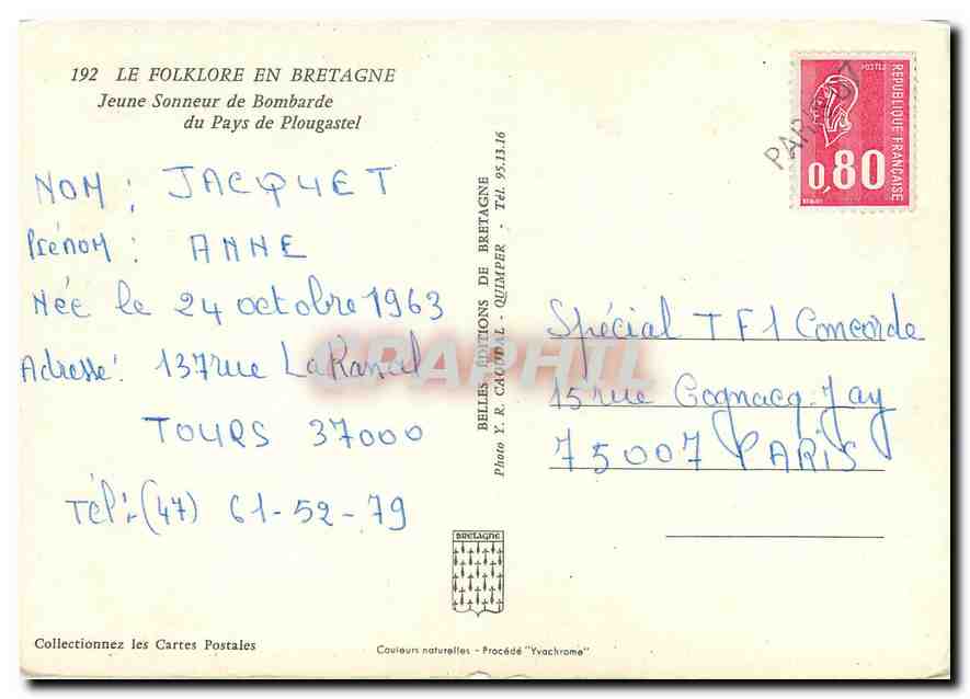 CPM Le Folklore en Bretagne Jeune Sonneur de Bombarde du Pays de Plougastel  — Rückseite
