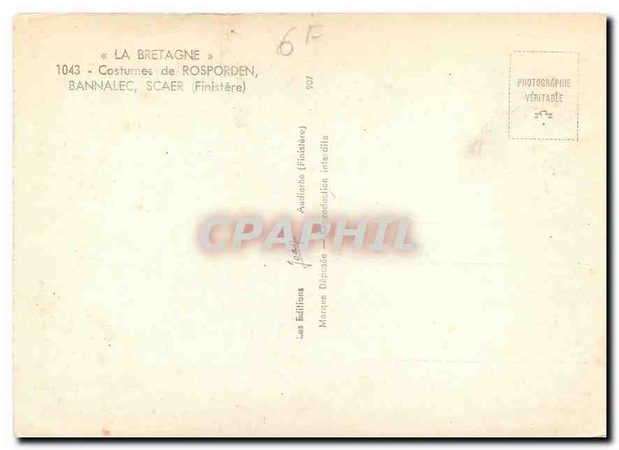 CPM La Bretagne Costumes de Rosporden Bannalec Scaer Finistere  — Rückseite