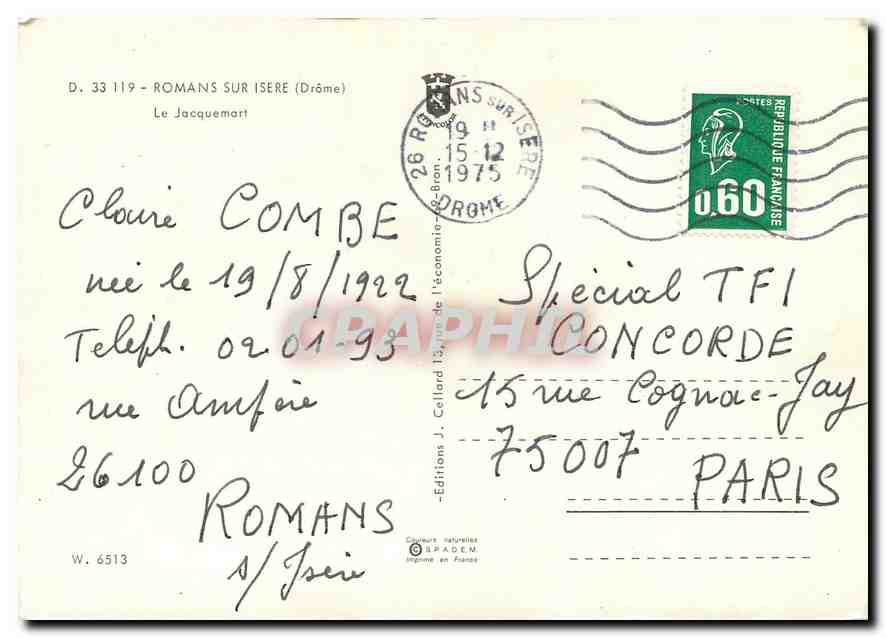 CPM Romans sur Isere Drome Le Jacquemart  — Rückseite