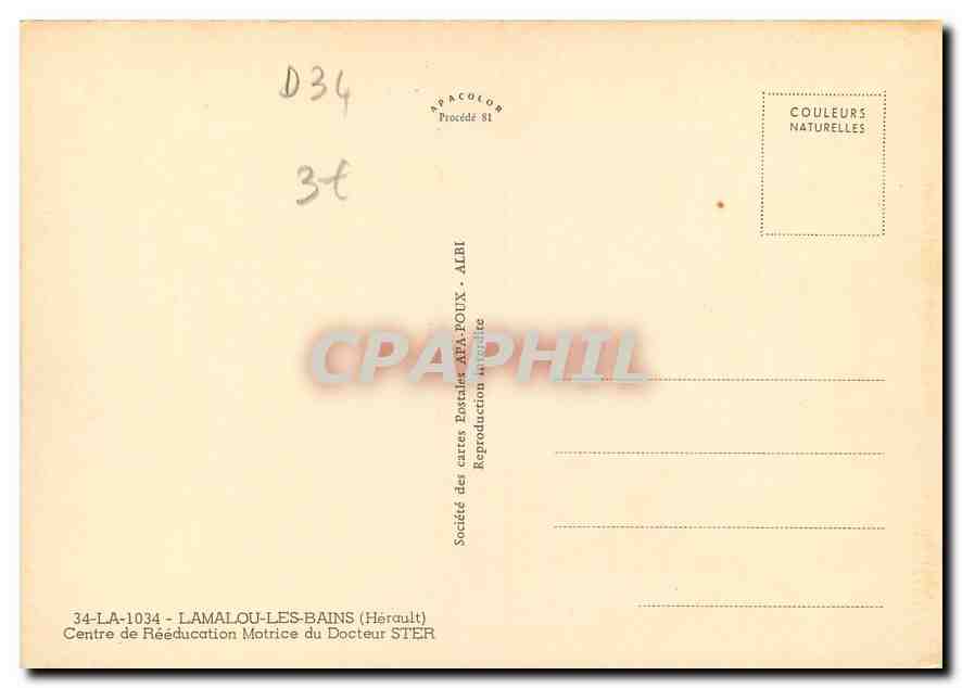 CPM Lamalou les Bains Herault Centre de Reeducation Motrice du Docteur Ster  — Back