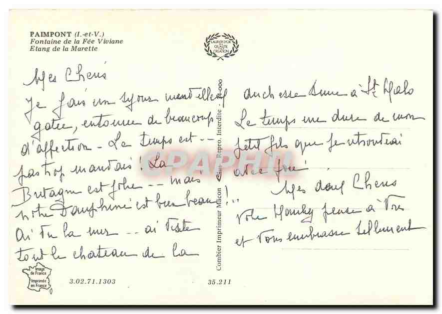 CPM Paimpont I et V Fontaine de la Fee Viviane Etang de la Marette  — Rückseite