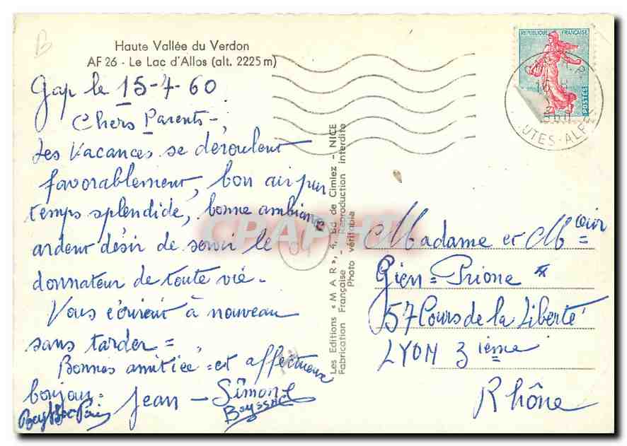 CPM Haute Vallee du Verdon Le Lac d'Allos  — Back