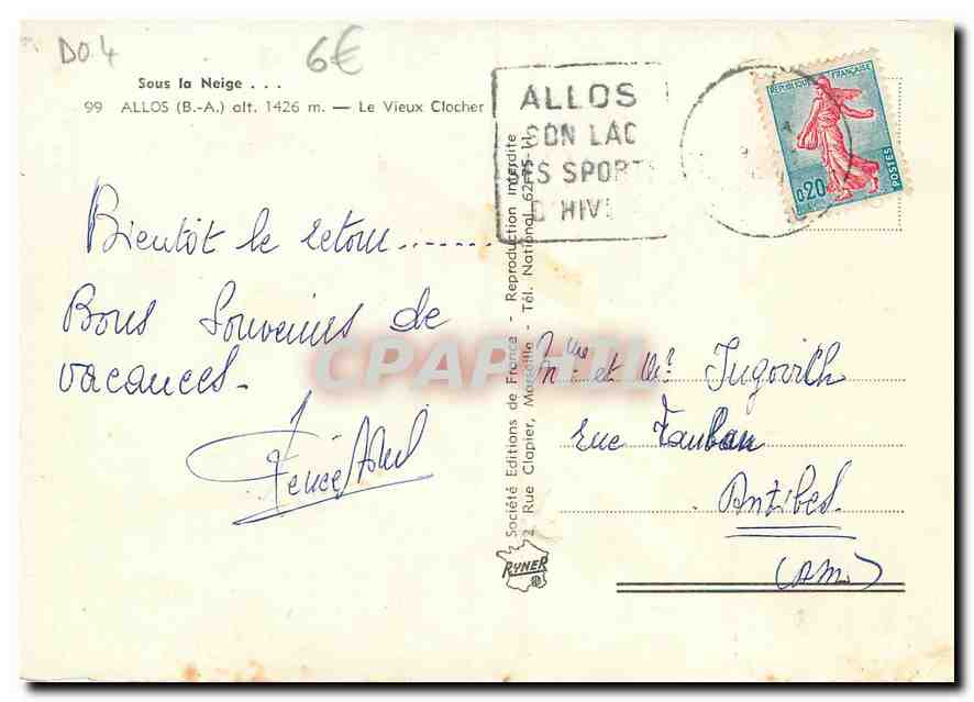 CPM Sous la Neige Allos B A Le Vieux clocher — Rückseite