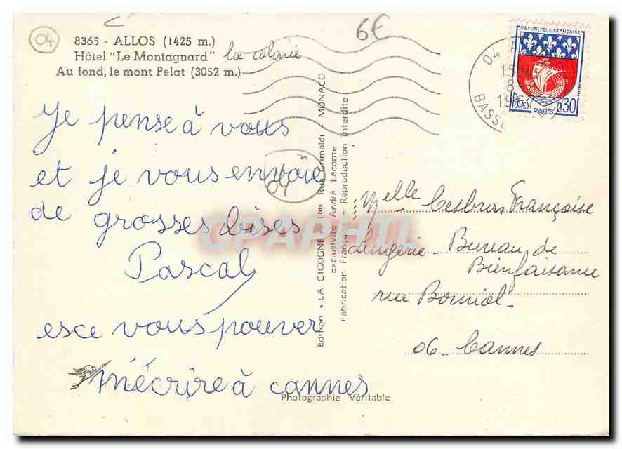 CPM Allos Hotel Le Montagnard au fond le mont Pelat  — Verso