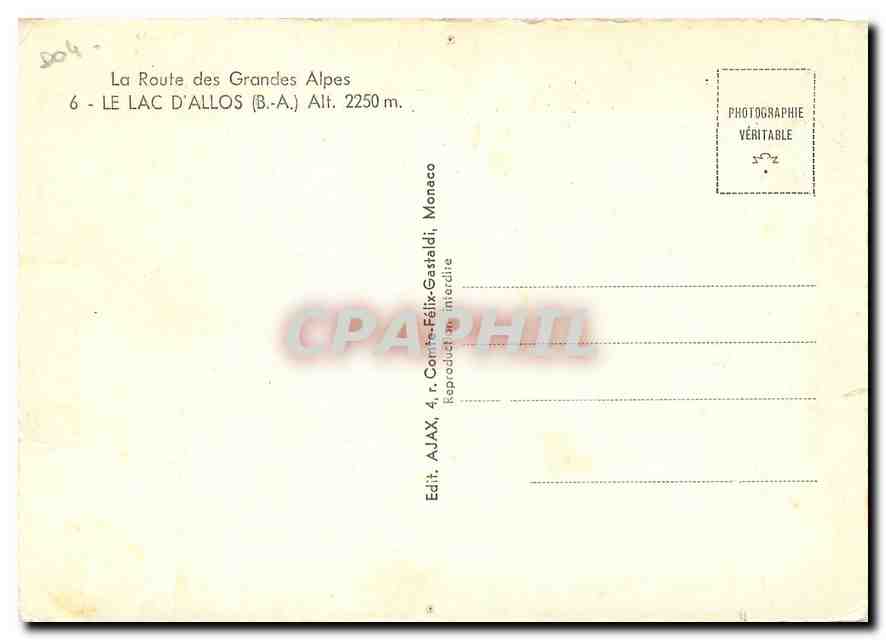 CPM La Route des Grandes Alpes Le Lac d'Allos B A  — Verso