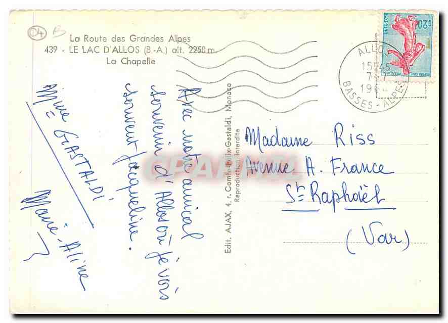 CPM La Route des Grandes Alpes Le Lac d'Allos B A La Chapelle  — Rückseite