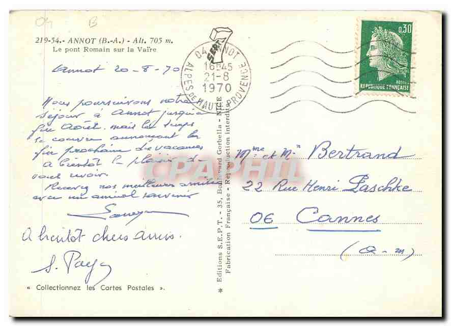 CPM Annot B A Le pont Romain sur la Vaire  — Verso