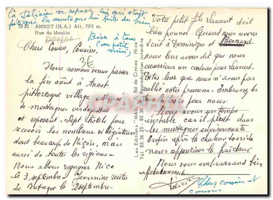 CPM Annot B A Rue de moulin  — Verso