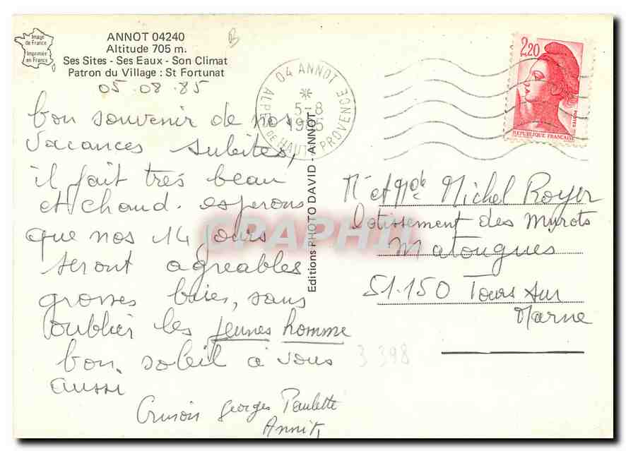 CPM Annot Ses Sites Ses Eaux Son Climat Patron du Village St Fortunat  — Verso