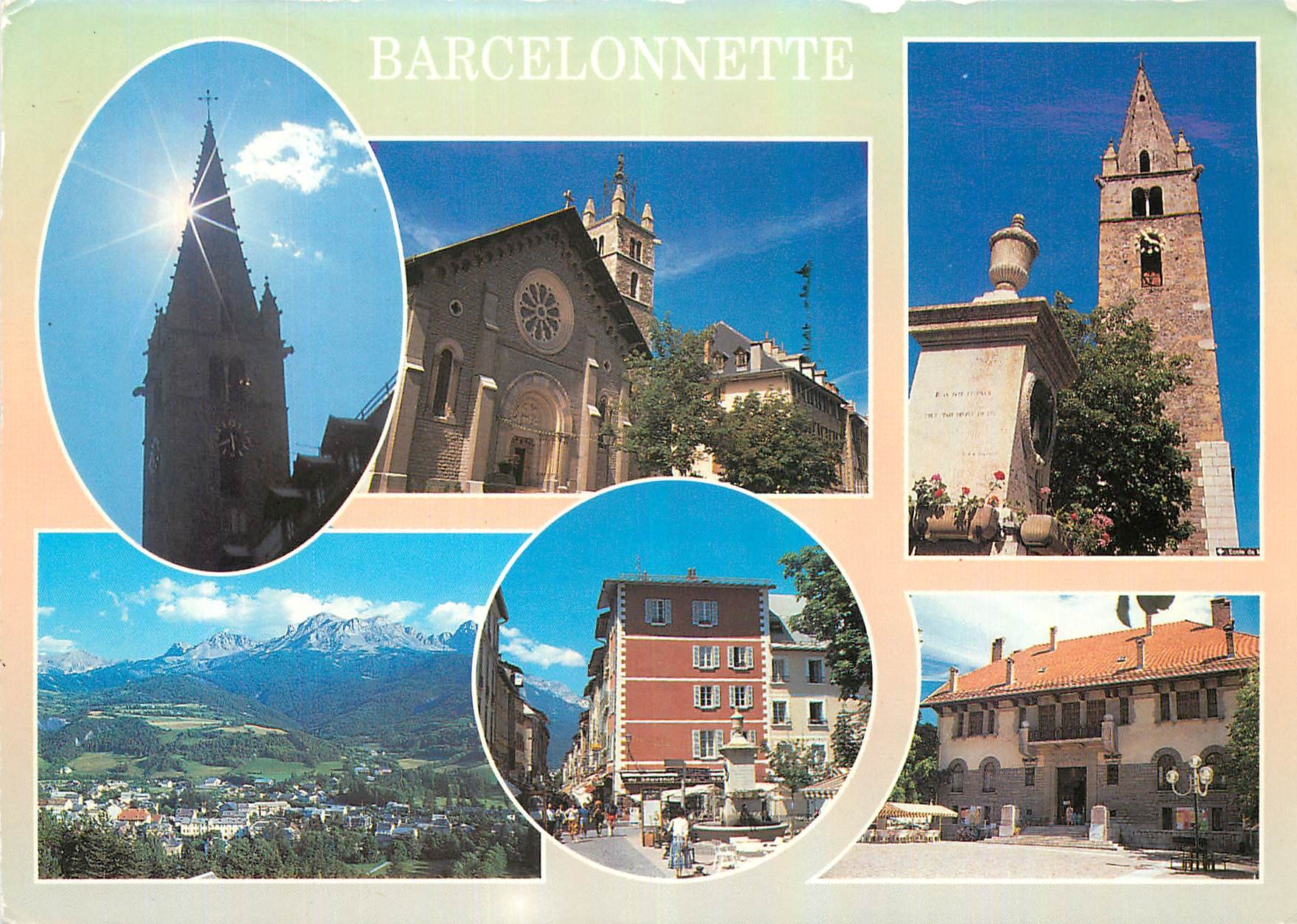 CPM Barcelonnette Alpes de Haute Provence La tour Cardinalis l'eglise L'Hotel de Ville la rue Manuel