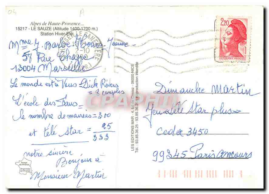 CPM Alpes de Haute Provence Le Sauze Station Hiver Ete  — Verso