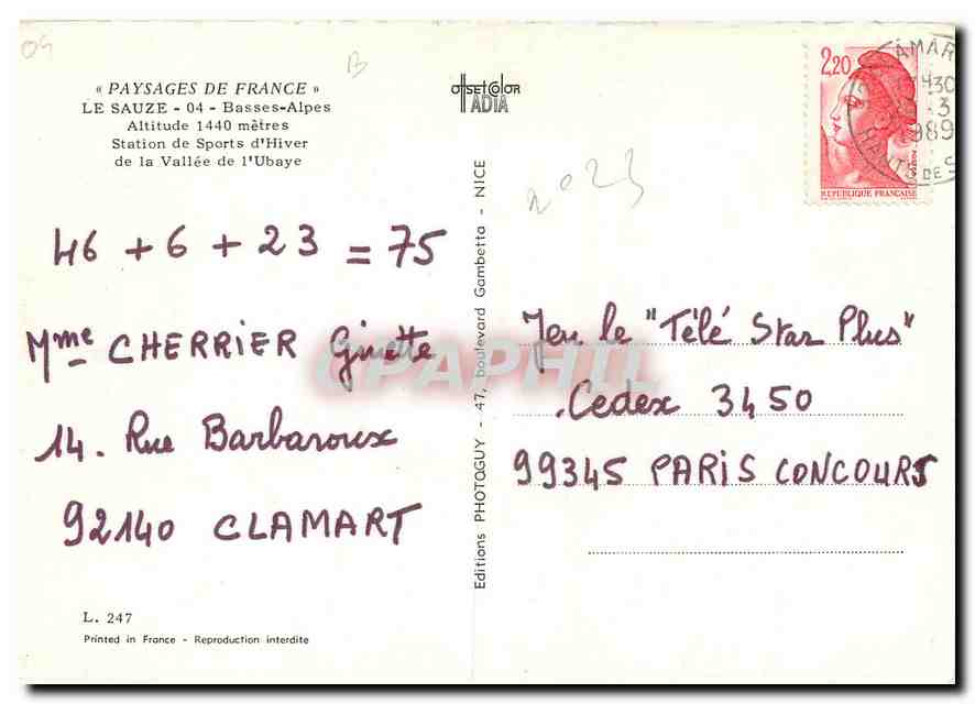 CPM Paysages de France Le Sauze Basses Alpes Station de sports d'Hiver de la Vallee de l'Ubaye  — Verso