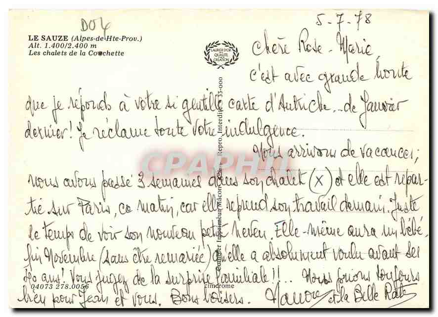 CPM Le Sauze Alpes de Hte Prov Les chalets de la Couchette  — Rückseite