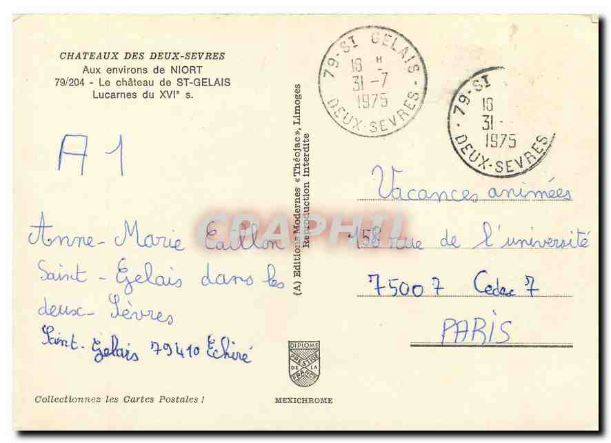 CPM Chateaux des Deux Sevres Aux environs de Niort Le chateau de St Gelais  — Rückseite