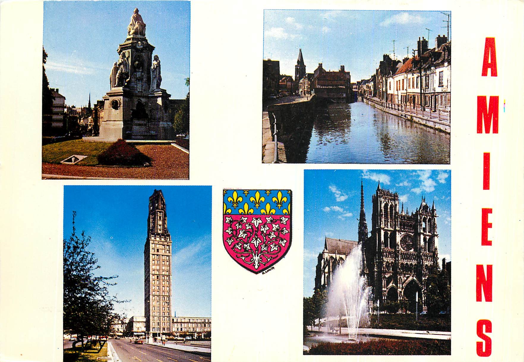 CPM Amiens Somme La cathedrale la Tour Perret Les bords de la Somme Marche sur l'eau le monument des