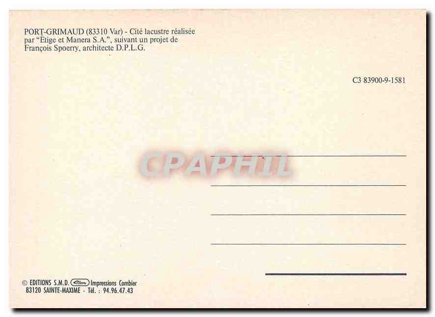 CPM Port Grimaud Var Cite lacustre realisee Etige et Manera S A  — Rückseite
