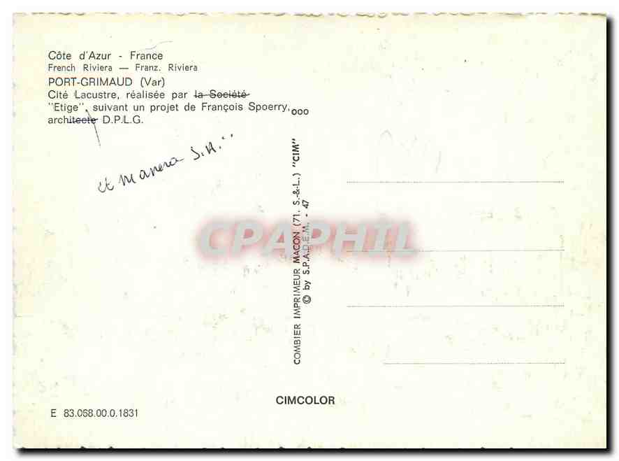 CPM Cote d'Azur France French Riviera Port Grimaud Var Cite Lacustre realisee par la Societe Etige  — Rückseite