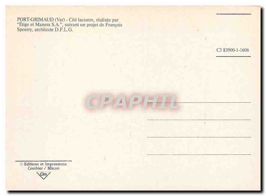 CPM Port Grimaud Var Cite lacustre realisee Etige et Manera S A  — Rückseite
