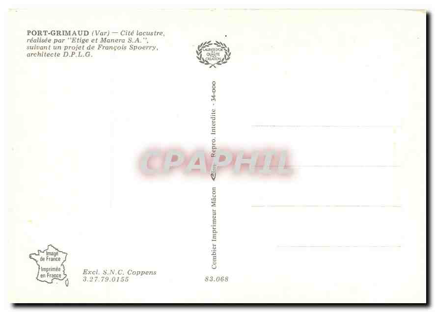 CPM Port Grimaud Var Cite lacustre realisee Etige et Manera S A  — Rückseite