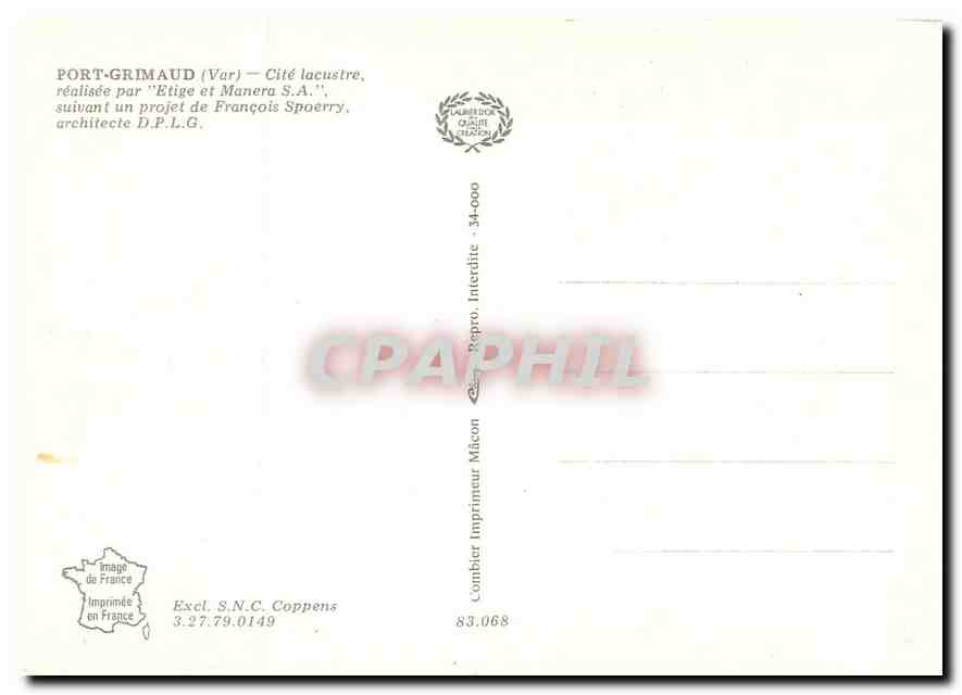 CPM Port Grimaud Var Cite lacustre realisee Etige et Manera S A  — Rückseite