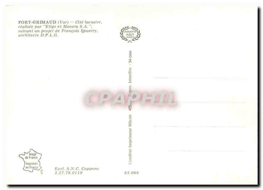CPM Port Grimaud Var Cite lacustre realisee Etige et Manera S A  — Rückseite
