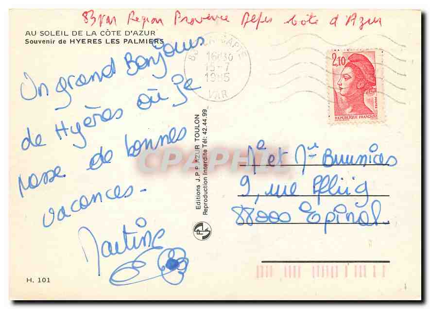 CPM Au Soleil de la Cote d'Azur Souvenir de Hyeres les Palmiers  — Rückseite