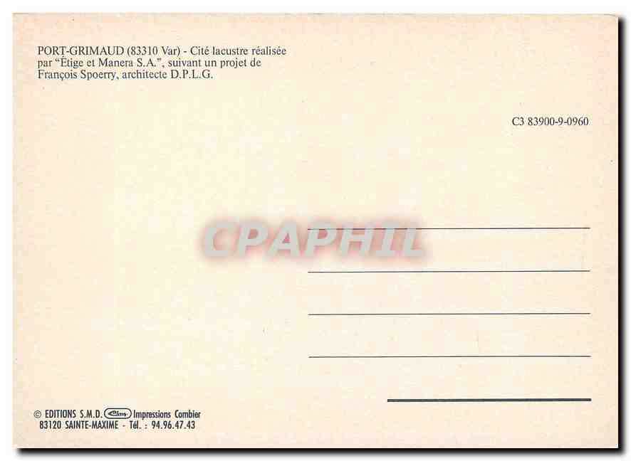 CPM Port Grimaud Var Cite lacustre realisee Etige et Manera S A  — Rückseite