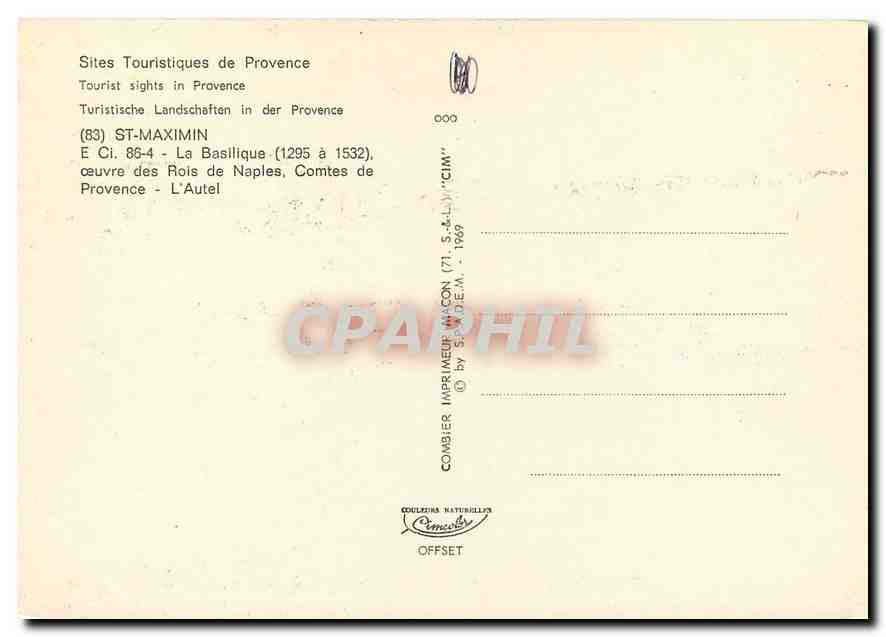 CPM Sites Touristiques de Provence St Maximin La Basilique ceuvre des Rois de Naples Comtes de Prove — Verso