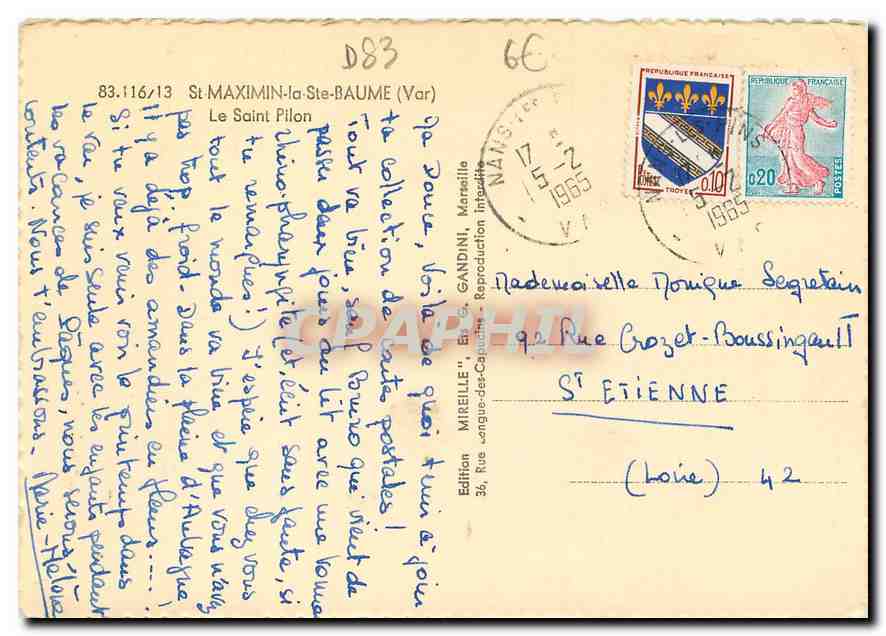 CPM St Maximin la Ste Baume Var Le Saint Pilon  — Verso