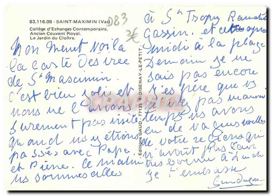 CPM Saint Maximin Var College d'Echanges Contemporains Ancien Couvent Royal Le Jardin du Cloitre — Verso