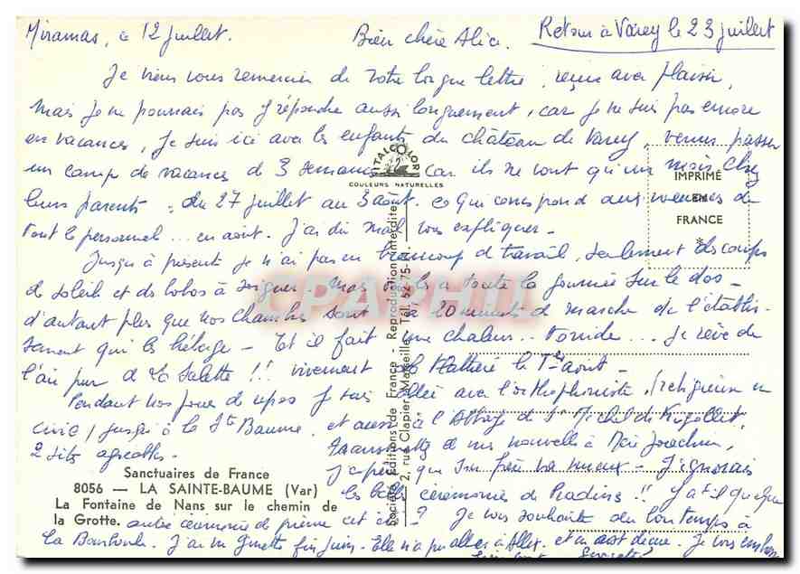 CPM Sanctuaires de France La Sainte Baume Var La Fontaine de Nans sur le chemin de la Grotte  — Verso