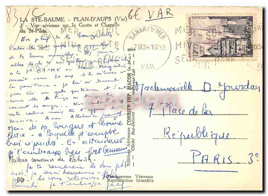 CPM La Ste Baume Plan d'Aups Var Vue aerienne aur la Grotte et Chapelle du St Pilon  — Verso