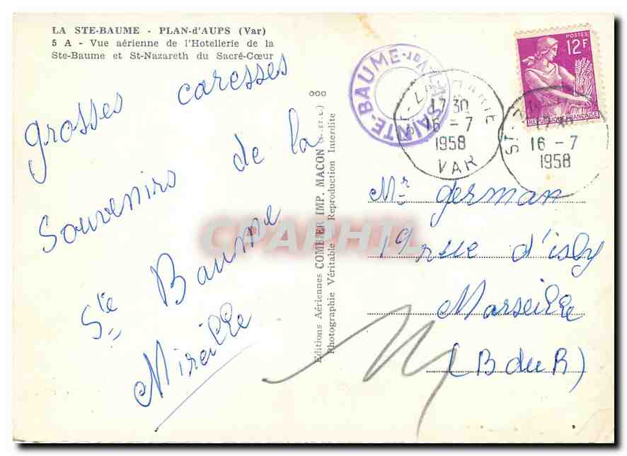 La Ste-Baume - Plan-d'Aups (Var) — Vue aérienne de l'Hotellerie du Sacré-Cœur — Éditions Aériennes COMET IMP. MACON — Rückseite