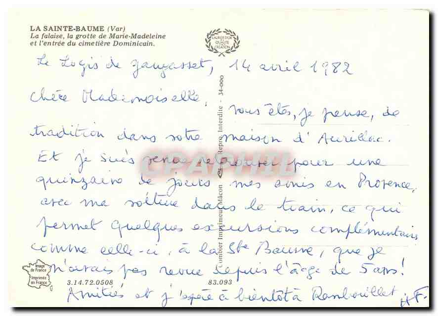 CPM La Sainte Baume Var la falaide la grotte de Marie Madeleine et l'entree du cimetiere Dominicain  — Verso