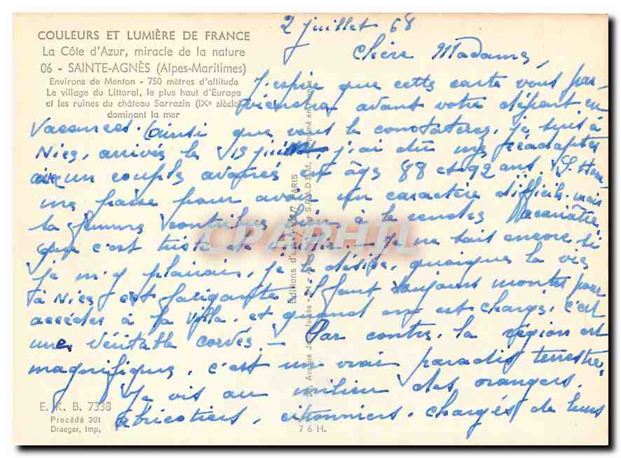 CPM Couleurs et Lumiere de France La Cote d'Azur miracle de la nature Sainte Agnes Alpes Maritimes E — Rückseite