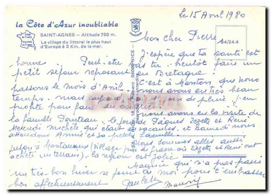 CPM La Cote d'Azur Saint Agnes Le Village du Littoral le plus de haut d'Europe  — Rückseite
