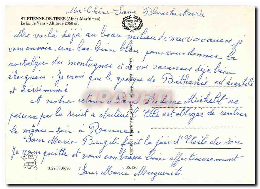 CPM St Etienne de Tinee Alp Mar Alpes Maritimes Le lac de Vens  — Rückseite