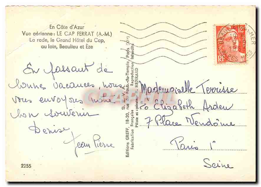 CPM En Cote d'Azur Vue aerienne Saint Jean Cap Ferrat A M La rade le Grand Hotel du Cap au lion Beau — Verso