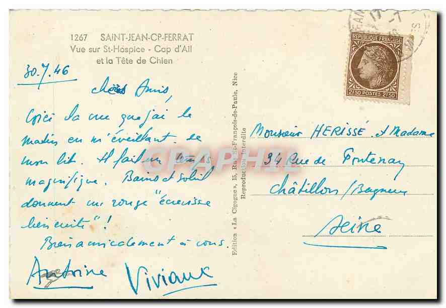 CPM Saint Jean Cap Ferrat Vue sur St Hospice Cap d'Ail et la Tete de Chien  — Verso